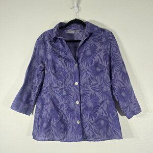 Chicos Linen Floral Blouse Women Size 0 Small Purple Collared Button Down Work